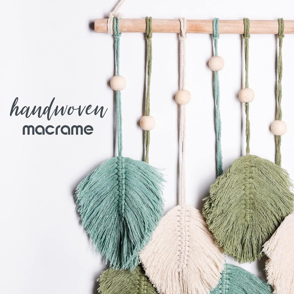 Macrame Boho Indie Farmhouse Teal/Blue/Green/Cream Feather Wood Bead Wall Decor - Picture 2 of 8